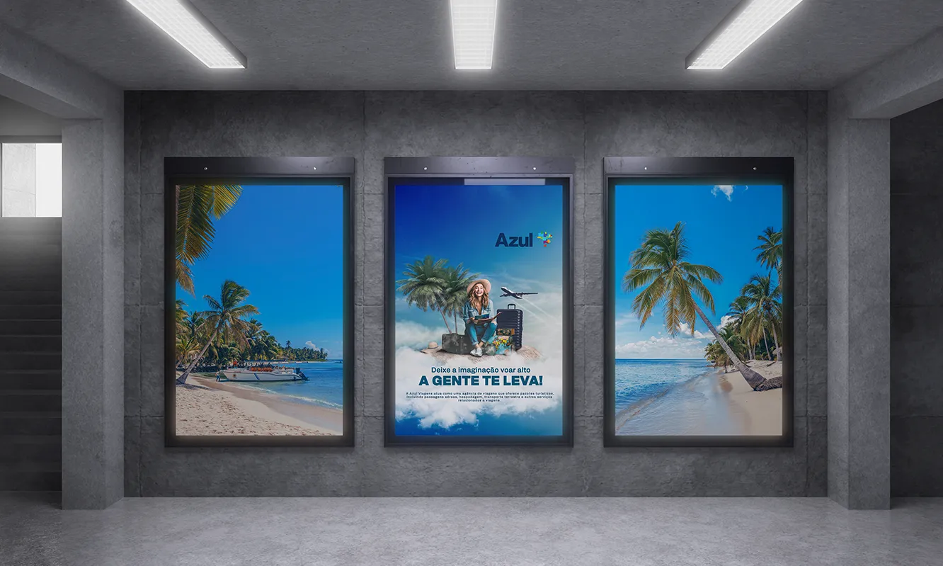 Mockup Publicitário, imagem ficticia Azul Viagens, Garota em uma ilha, pronta para curtir as férias numa praia.