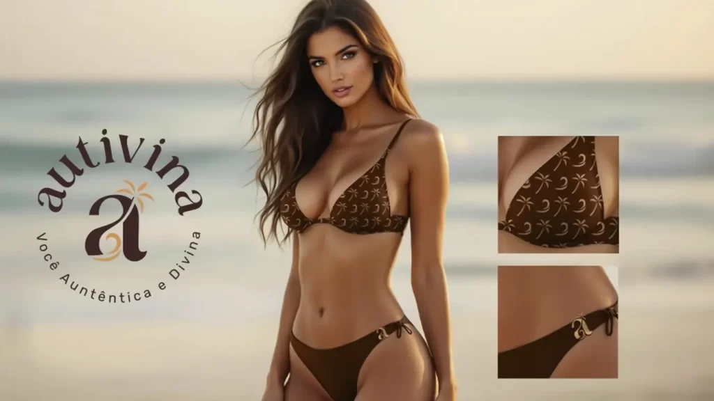 Mulher na praia usando biquíni Autivina, banner da marca de moda praia e fitness.