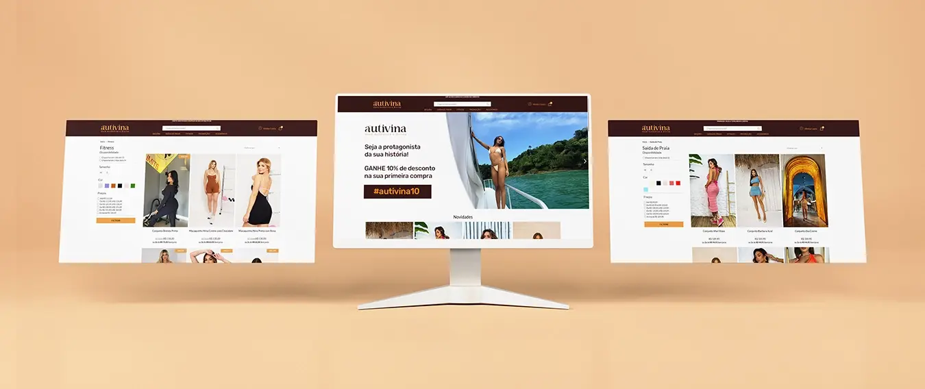 Mockup de loja virtual exibindo banners da marca Autivina em telas de notebook.