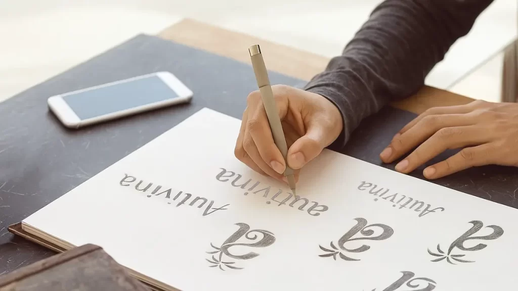 Mão desenhando rascunhos do logotipo Autivina em uma folha de papel.