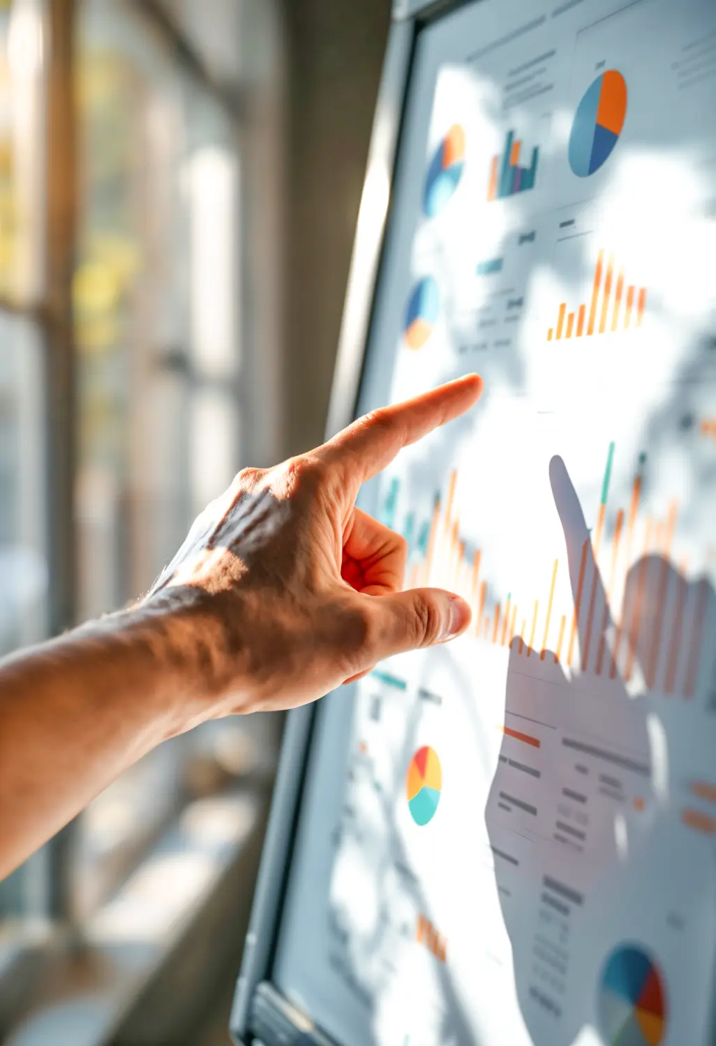 Profissional apontando para painel com gráficos e anotações de marketing estratégico.