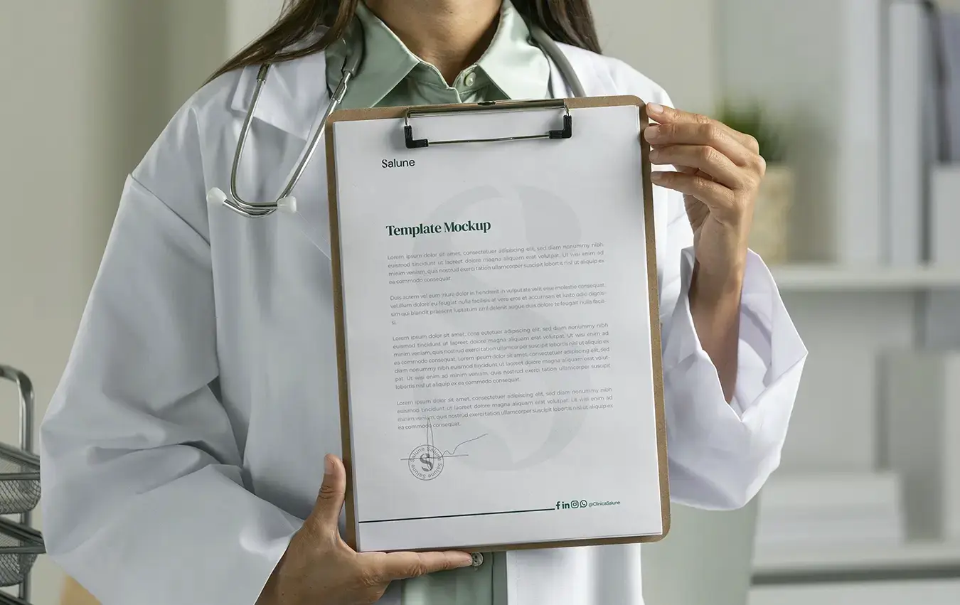 Profissional de saúde segurando prancheta com papel timbrado da Clínica Salune.