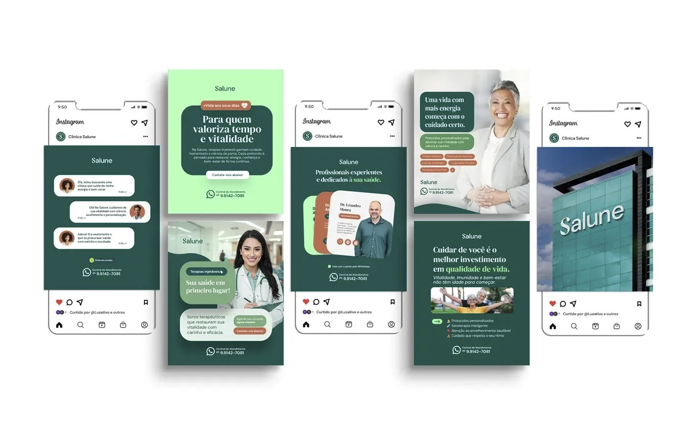 Mockups de posts da Clínica Salune nas redes sociais e fachada da clínica, mostrando a identidade visual aplicada.