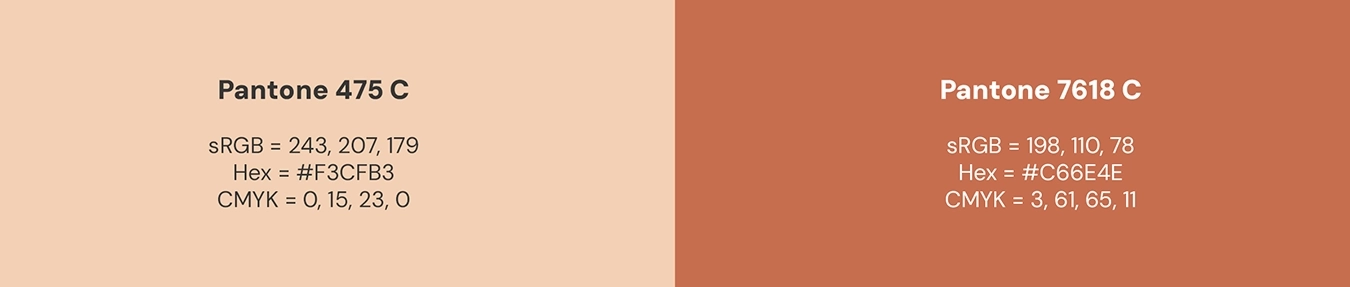 Tabela de cores secundárias da marca Salune em tons de bege e terracota, com valores Pantone, sRGB, Hex e CMYK