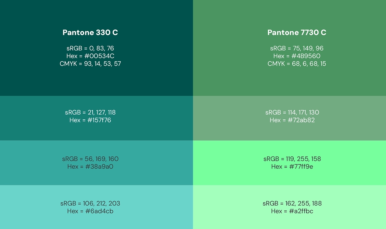 Tabela de cores oficiais da marca Salune com tons verdes