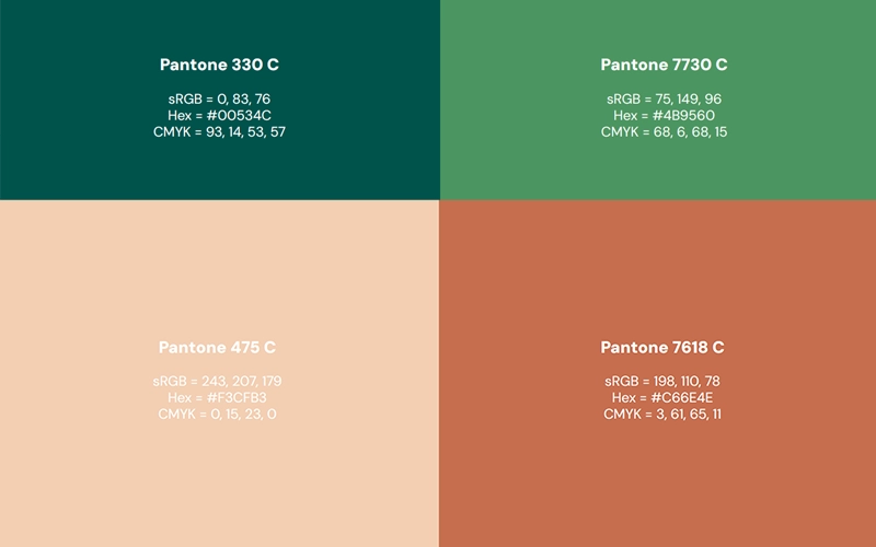 Paleta de cores oficiais da marca Salune com valores Pantone, RGB, Hex e CMYK